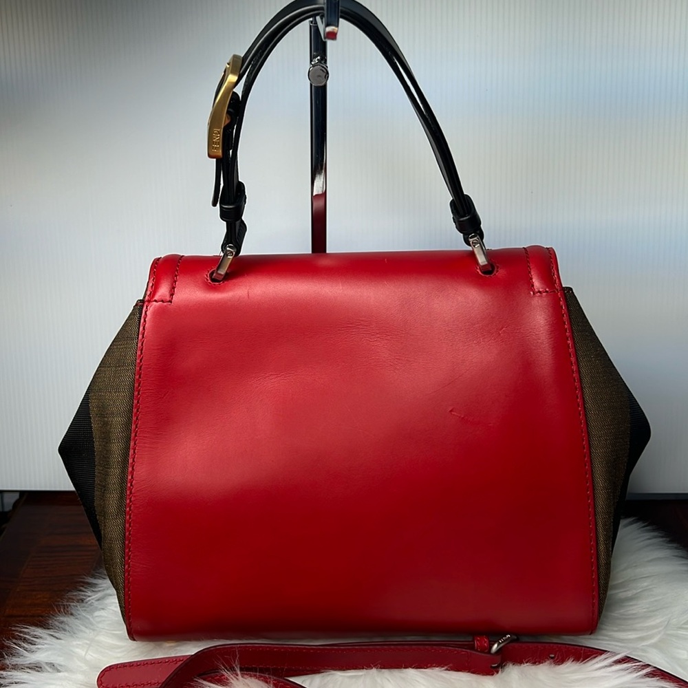 Fendi Silvana Leather Red Flap Turn-Lock Penguin Striped Canvas w/ Strap EUC - Picture 3 of 17